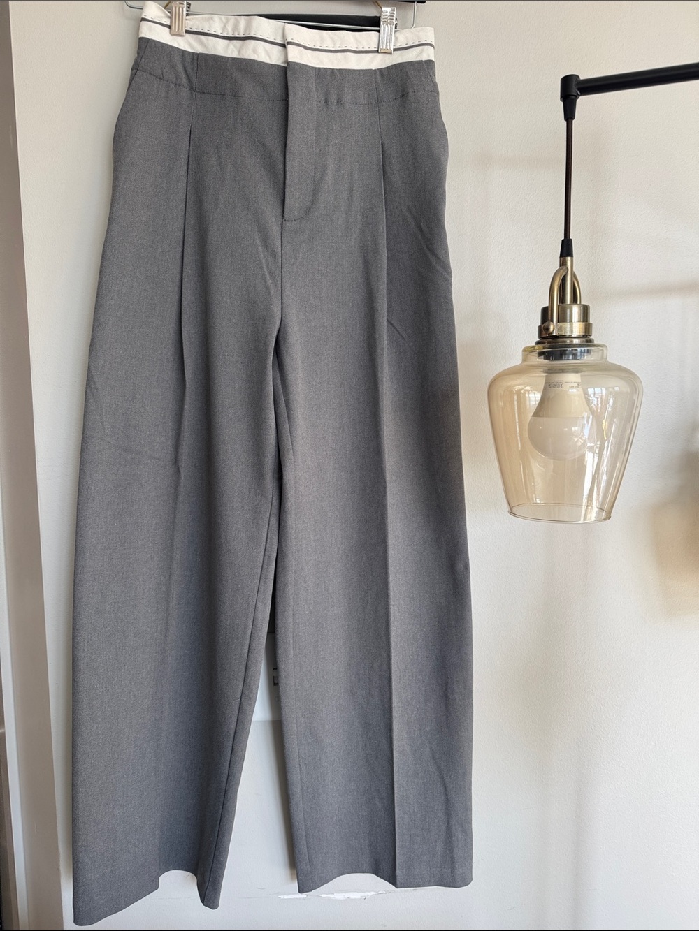 Gray Wide-Leg Trousers with White Waistband